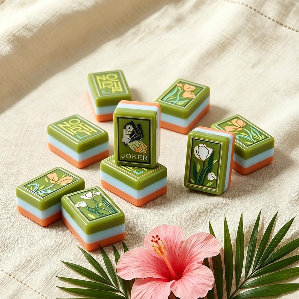 American Mahjong Game Set Green Botanical Design for Club and Travel Games 160 Piece Three Layer Engraved Acrylic Set with Accessories