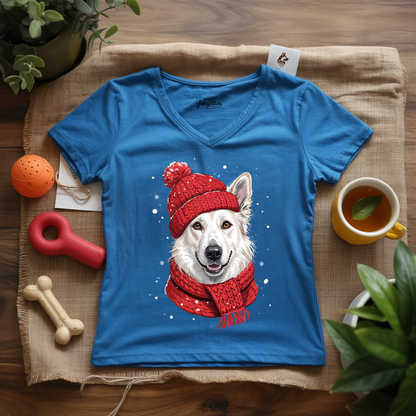 Cozy White German Shepherd Lady V-Neck