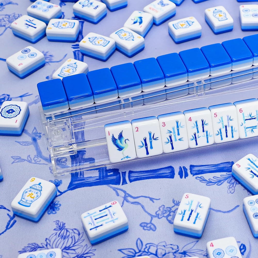American Mahjong Tile Set Blue Engraved Design for Club and Travel Games 160 Piece Four Layer Acrylic Set with Storage Bag