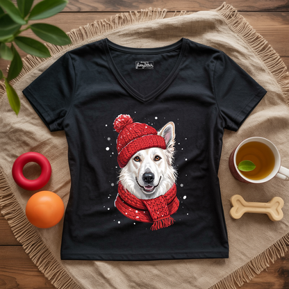 Cozy White German Shepherd Lady V-Neck