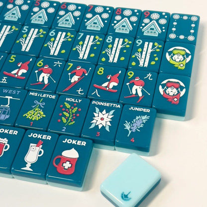American Mahjong Tile Set Blue Winter Ski Design for Family Game Nights 160 Piece Acrylic Set