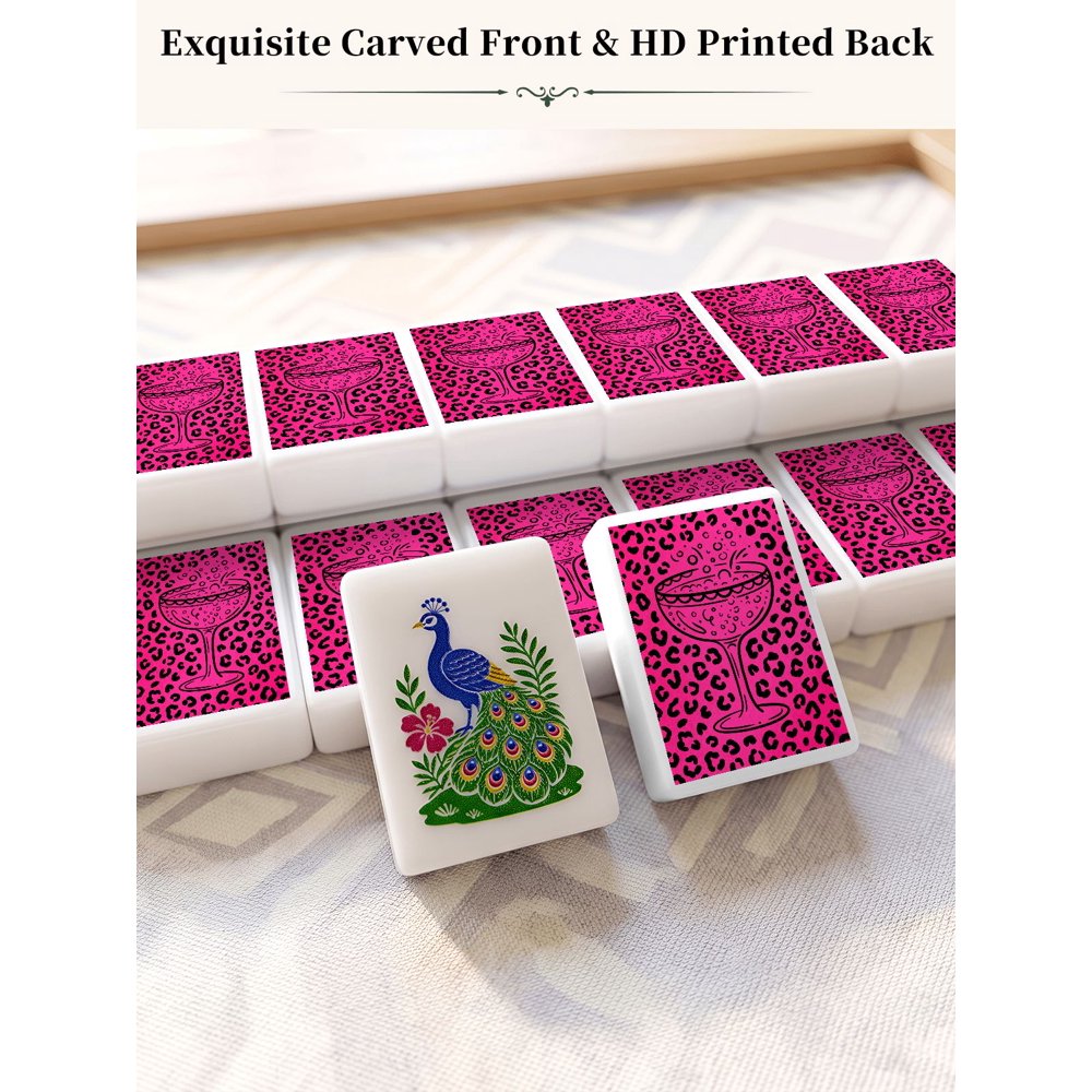 American Mahjong Game Set Pink Leopard and Champagne Design for Club and Family Games 160 Piece Engraved Acrylic Set with Storage Bag and Dice
