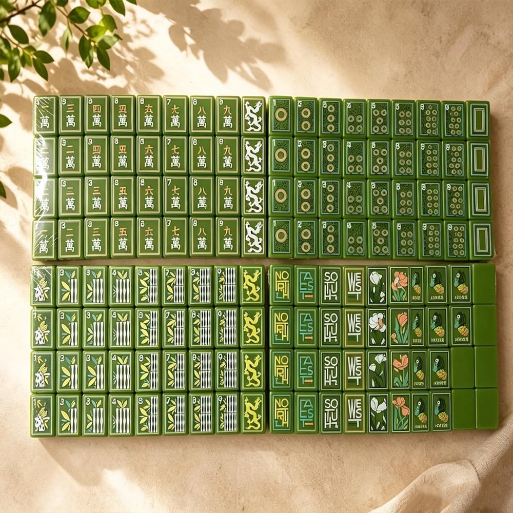American Mahjong Game Set Green Botanical Design for Club and Travel Games 160 Piece Three Layer Engraved Acrylic Set with Accessories