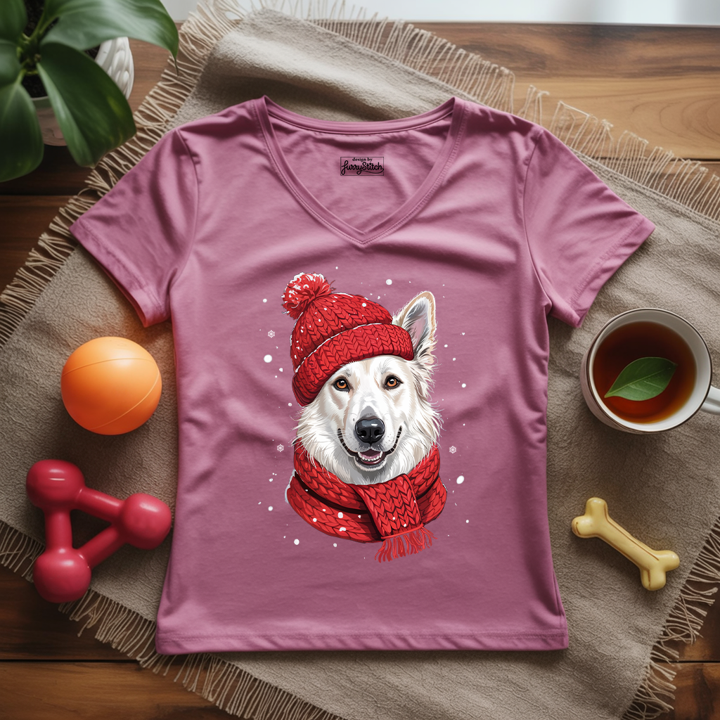 Cozy White German Shepherd Lady V-Neck