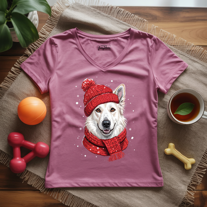 Cozy White German Shepherd Lady V-Neck