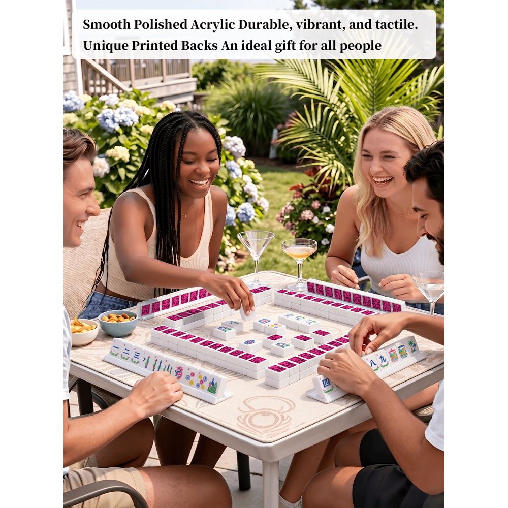 American Mahjong Game Set Pink Leopard and Champagne Design for Club and Family Games 160 Piece Engraved Acrylic Set with Storage Bag and Dice