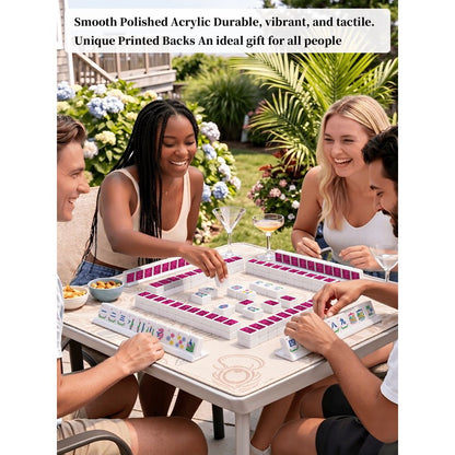 American Mahjong Game Set Pink Leopard and Champagne Design for Club and Family Games 160 Piece Engraved Acrylic Set with Storage Bag and Dice