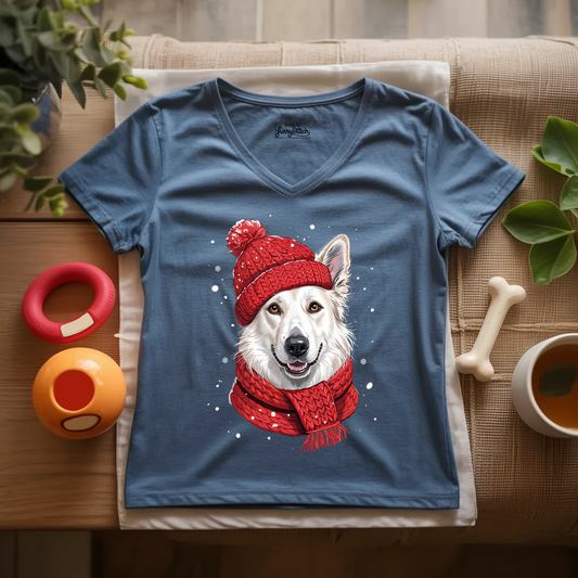 Cozy White German Shepherd Lady V-Neck