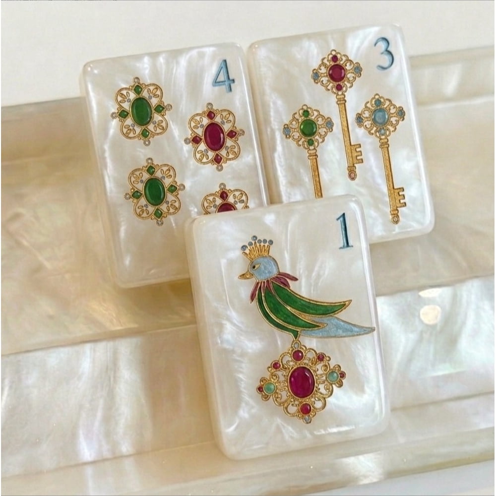 American Mahjong Tile Set Mother of Pearl Cat Design for Family Game Nights 160 Piece Engraved Acrylic Set