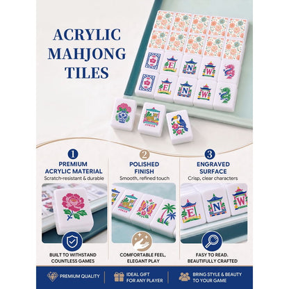 American Mahjong Game Set Pastel Pink and Teal Design for Club and Family Games 160 Piece Engraved Acrylic Set with Storage Bag and Dice