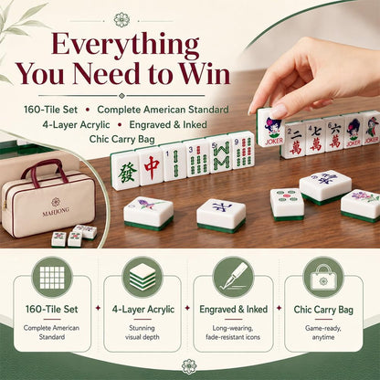 American Mahjong Tile Set Clear Engraved Layered Design for Adult Social Games 160 Piece Acrylic Set with Storage Bag