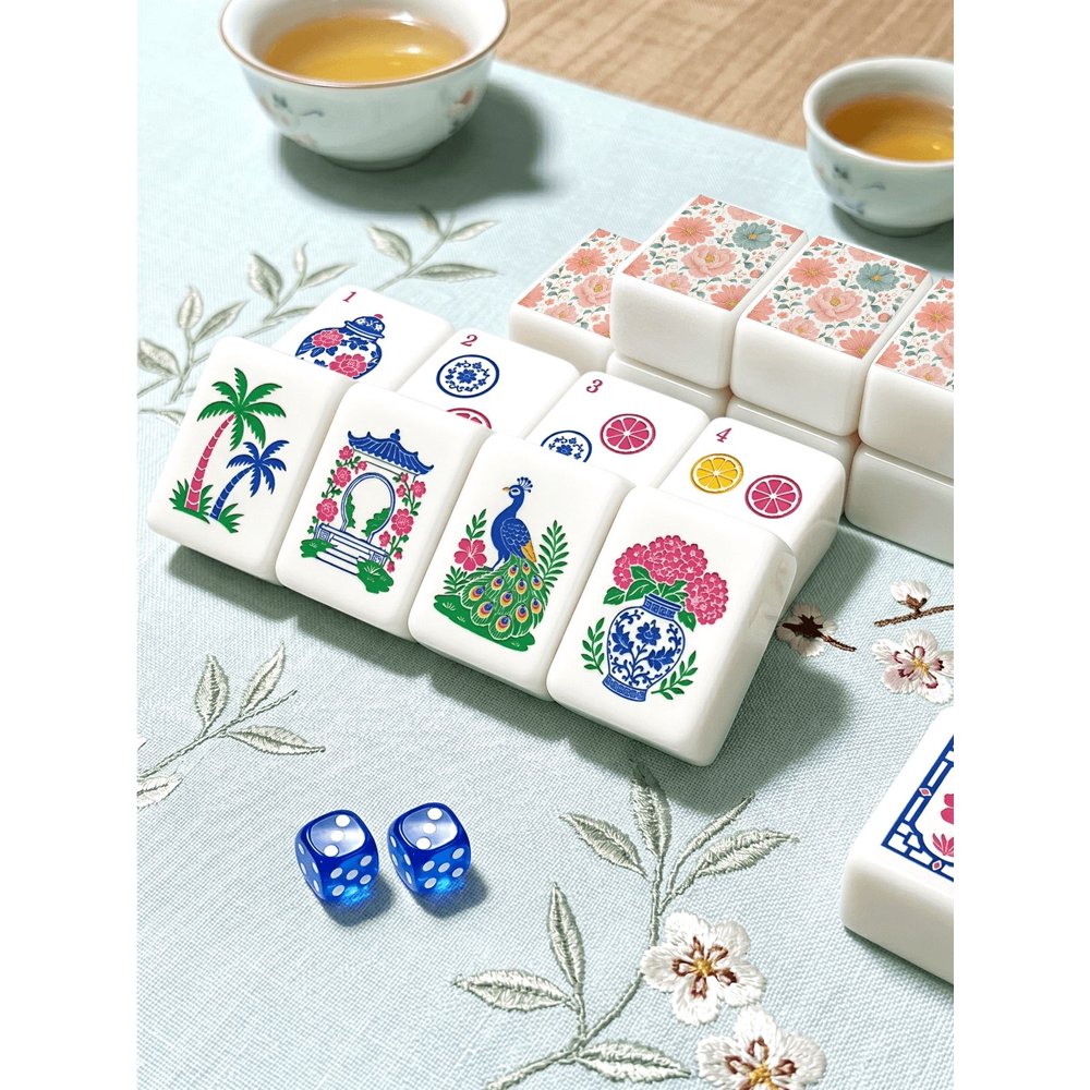American Mahjong Game Set Pastel Pink and Teal Design for Club and Family Games 160 Piece Engraved Acrylic Set with Storage Bag and Dice