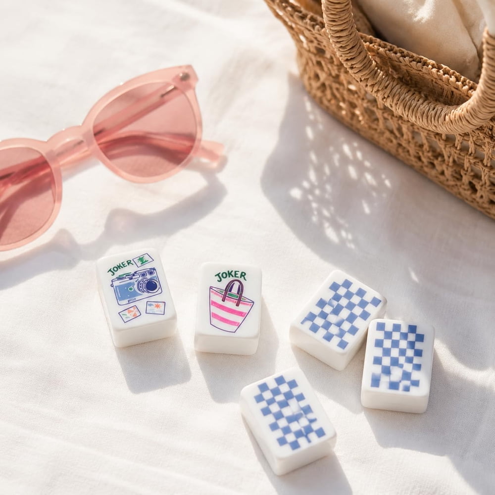 American Mahjong Tile Set Summer Travel Design for Vacations and Game Nights 160 Piece Engraved Acrylic Set with Storage Bag