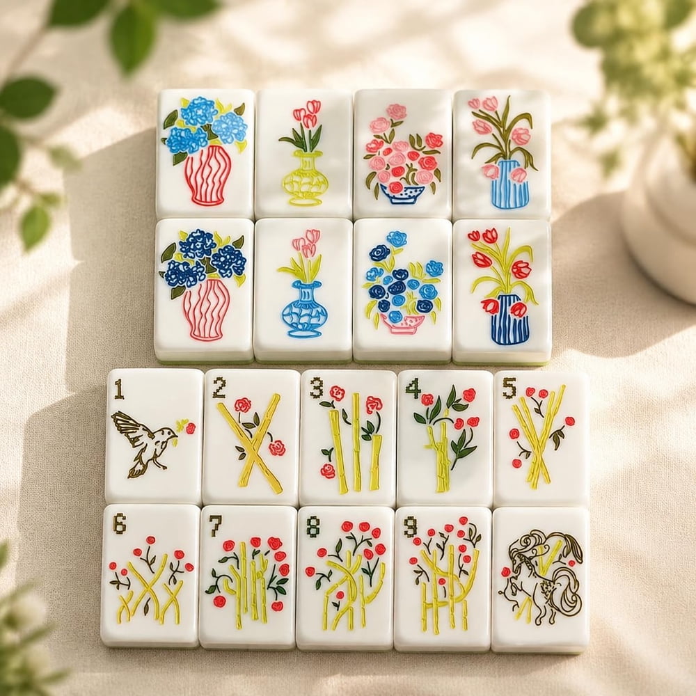American Mahjong Game Set Blue and White Floral Design for Home and Travel Games 160 Piece Three Layer Acrylic Set with Bag