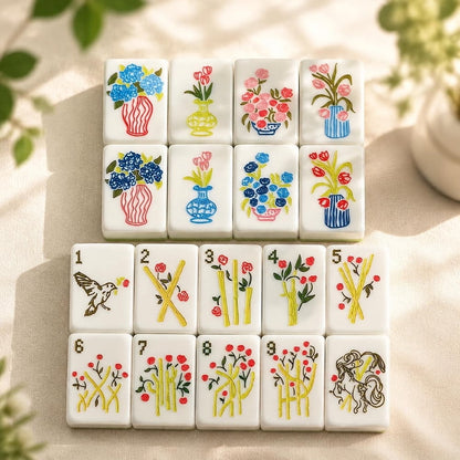 American Mahjong Game Set Blue and White Floral Design for Home and Travel Games 160 Piece Three Layer Acrylic Set with Bag
