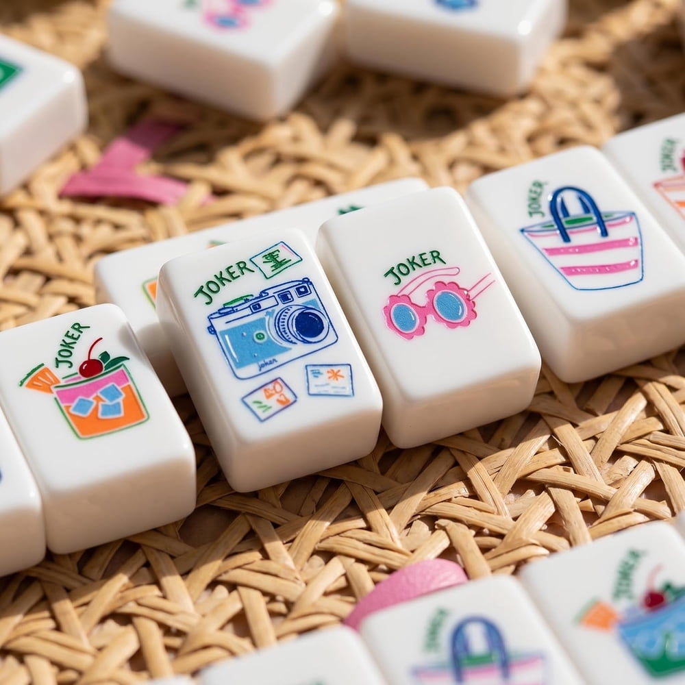 American Mahjong Tile Set Summer Travel Design for Vacations and Game Nights 160 Piece Engraved Acrylic Set with Storage Bag