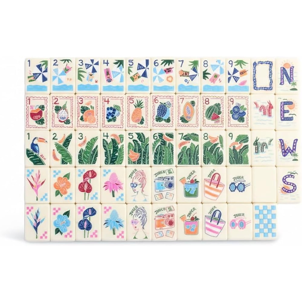 American Mahjong Tile Set Summer Travel Design for Vacations and Game Nights 160 Piece Engraved Acrylic Set with Storage Bag