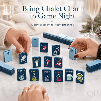 American Mahjong Tile Set Blue Winter Ski Design for Family Game Nights 160 Piece Acrylic Set