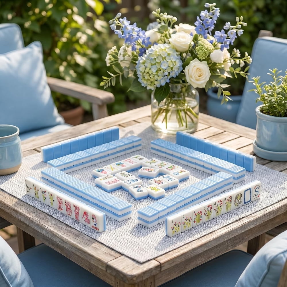 American Mahjong Game Set Blue and White Floral Design for Home and Travel Games 160 Piece Three Layer Acrylic Set with Bag