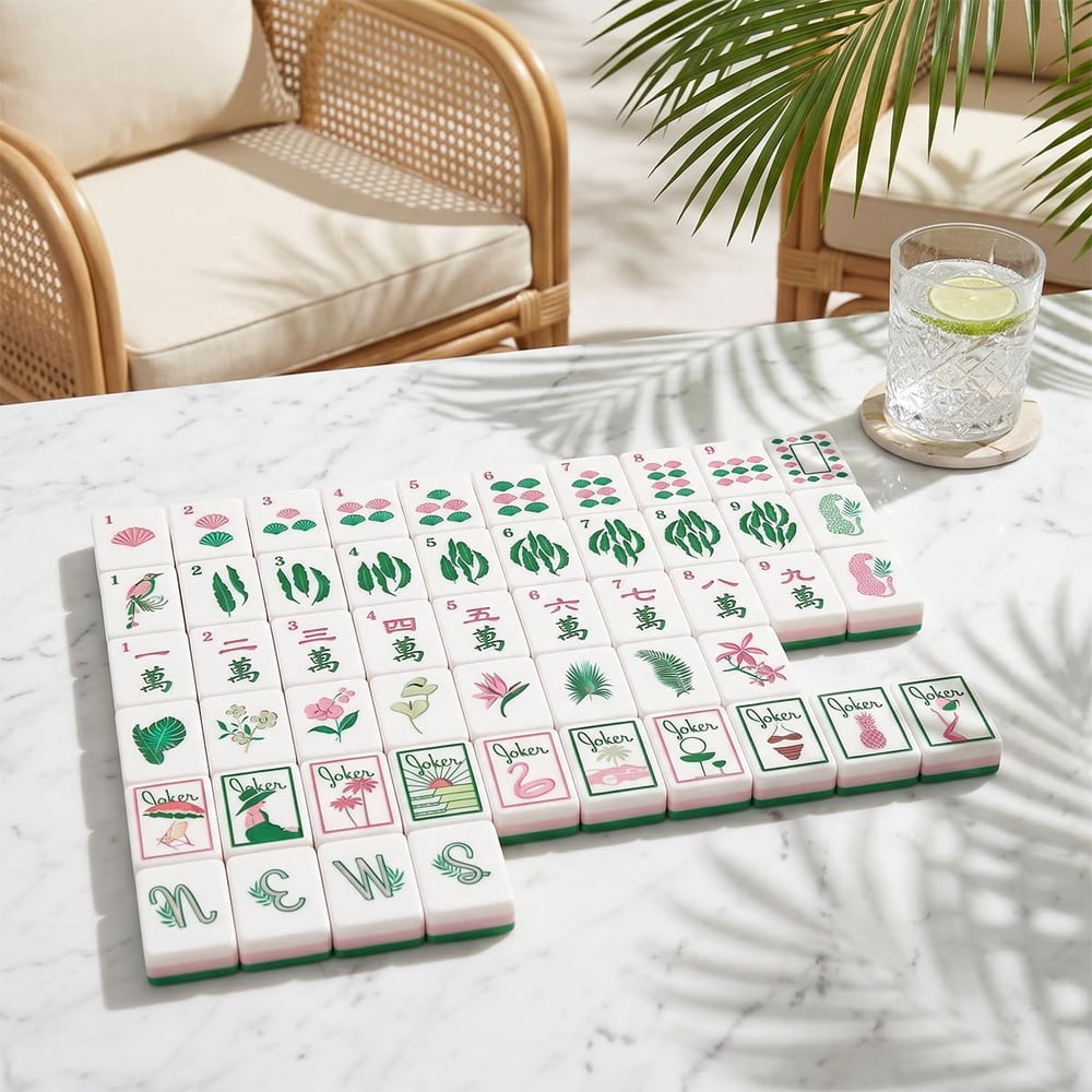 American Mahjong Tile Set Green Botanical Design for Club and Travel Games 160 Piece Engraved Acrylic Set with Storage Bag