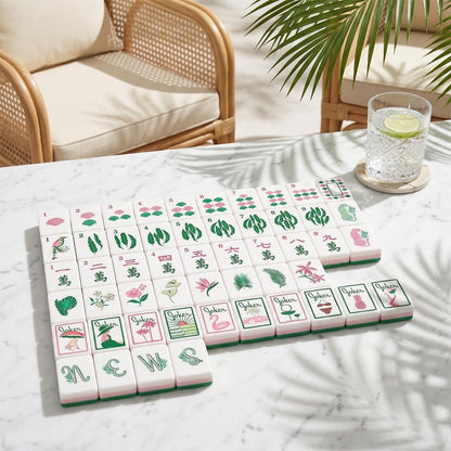 American Mahjong Tile Set Green Botanical Design for Club and Travel Games 160 Piece Engraved Acrylic Set with Storage Bag