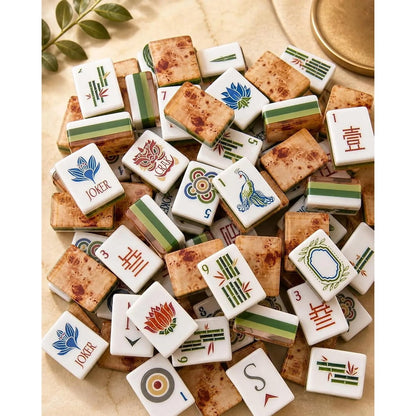 American Mahjong Game Set Tree Grain Design for Family Game Nights 160 Piece Layered Acrylic Set with Racks Pushers and Storage Bag