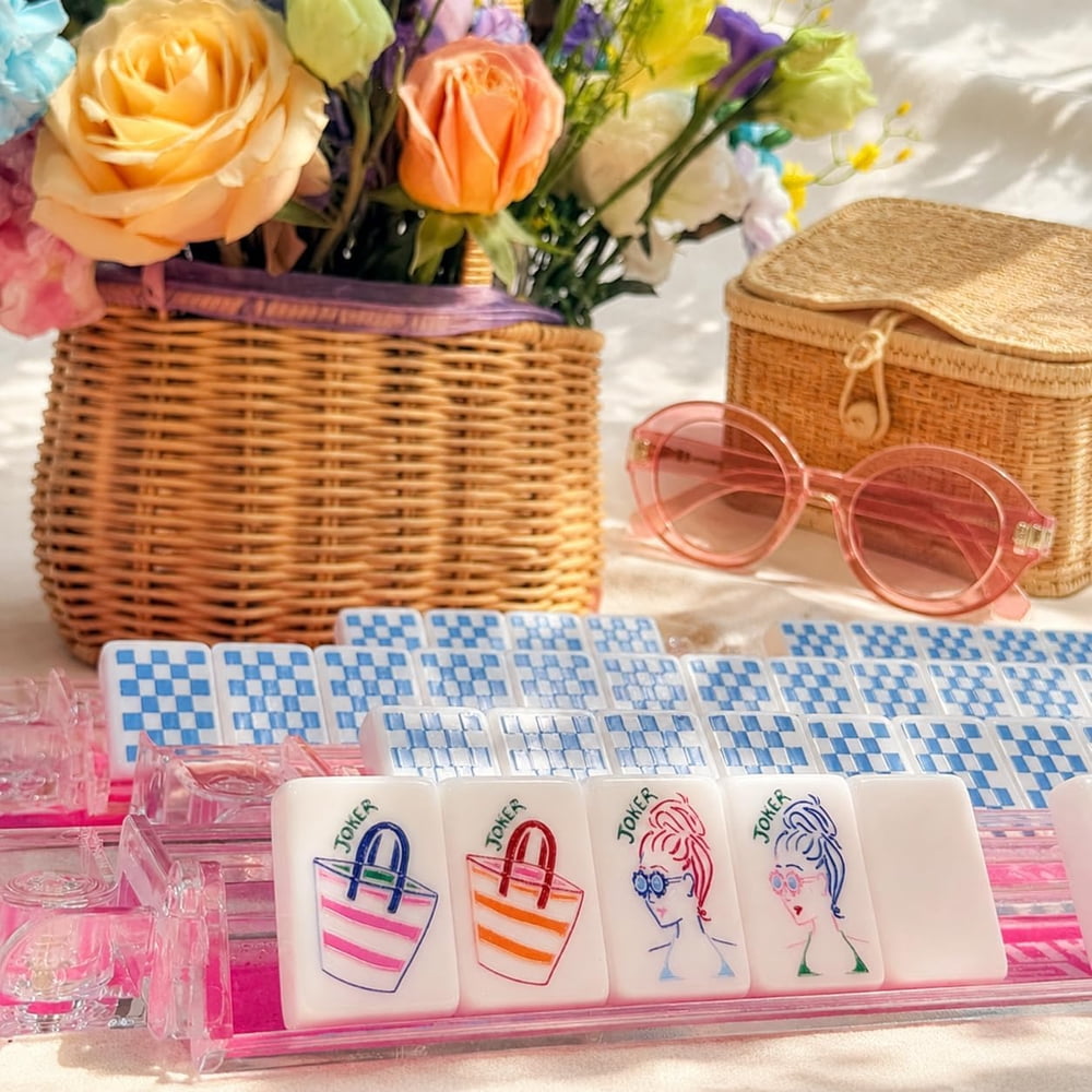 American Mahjong Tile Set Summer Travel Design for Vacations and Game Nights 160 Piece Engraved Acrylic Set with Storage Bag