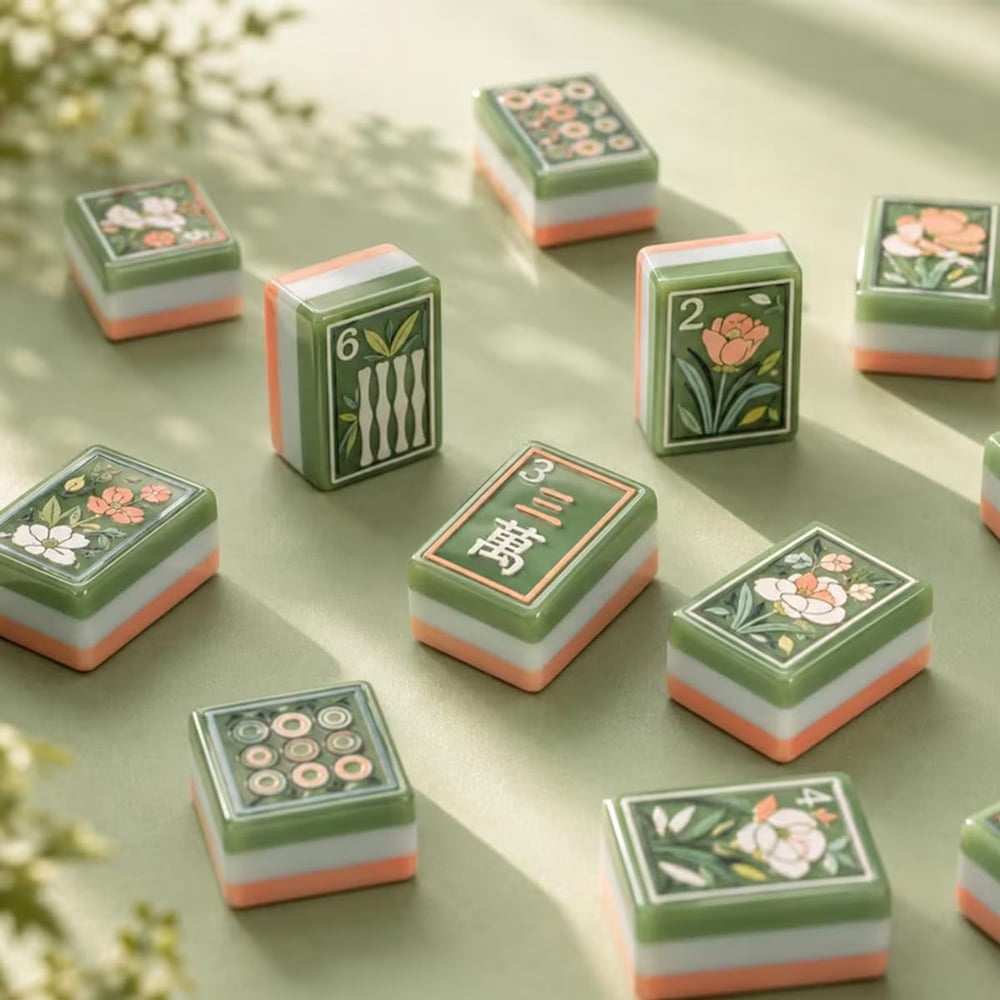 American Mahjong Game Set Green Botanical Design for Club and Travel Games 160 Piece Three Layer Engraved Acrylic Set with Accessories