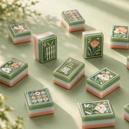 American Mahjong Game Set Green Botanical Design for Club and Travel Games 160 Piece Three Layer Engraved Acrylic Set with Accessories