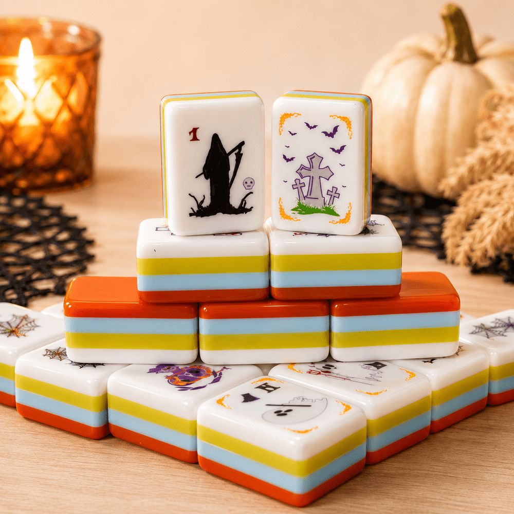 American Mahjong Tile Set Spooky Halloween Design for Family and Party Games 160 Piece Four Layer Acrylic Set