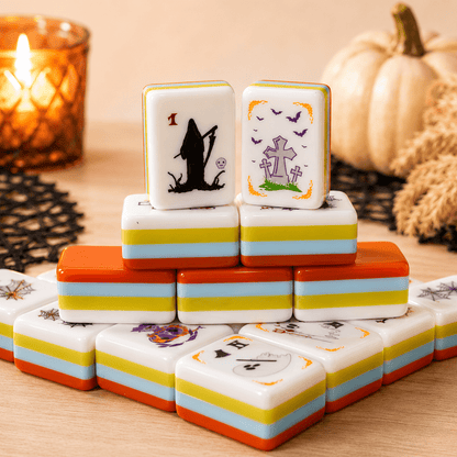 American Mahjong Tile Set Spooky Halloween Design for Family and Party Games 160 Piece Four Layer Acrylic Set