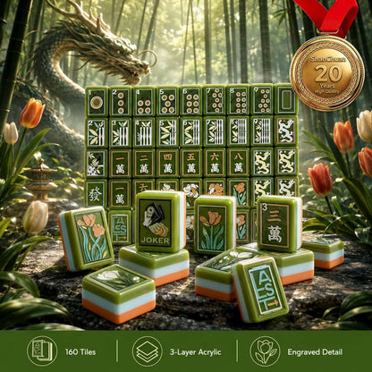 American Mahjong Game Set Green Botanical Design for Club and Travel Games 160 Piece Three Layer Engraved Acrylic Set with Accessories