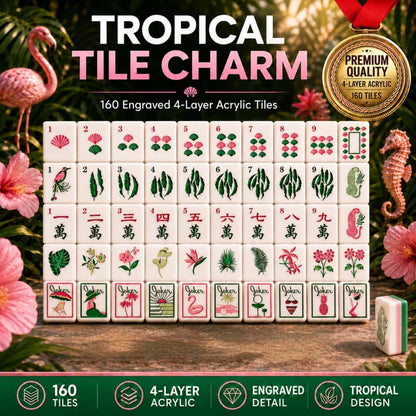 American Mahjong Tile Set Green Botanical Design for Club and Travel Games 160 Piece Engraved Acrylic Set with Storage Bag