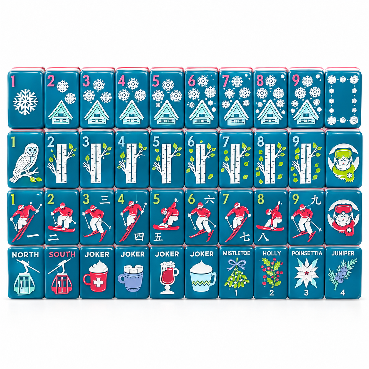 American Mahjong Tile Set Blue Winter Ski Design for Family Game Nights 160 Piece Acrylic Set