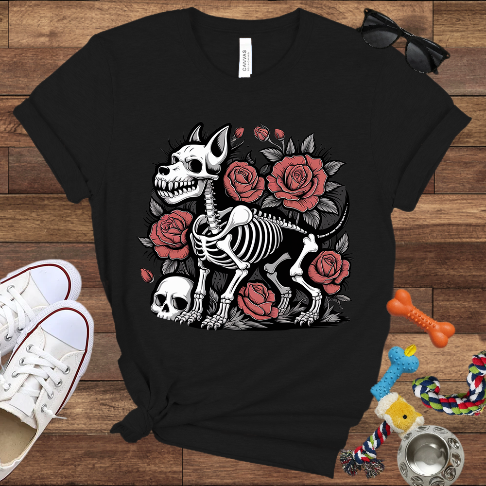 Skeleton Dog With Roses & Skull - Bella Canvas TShirt - Unique Gifts for Dog Lovers