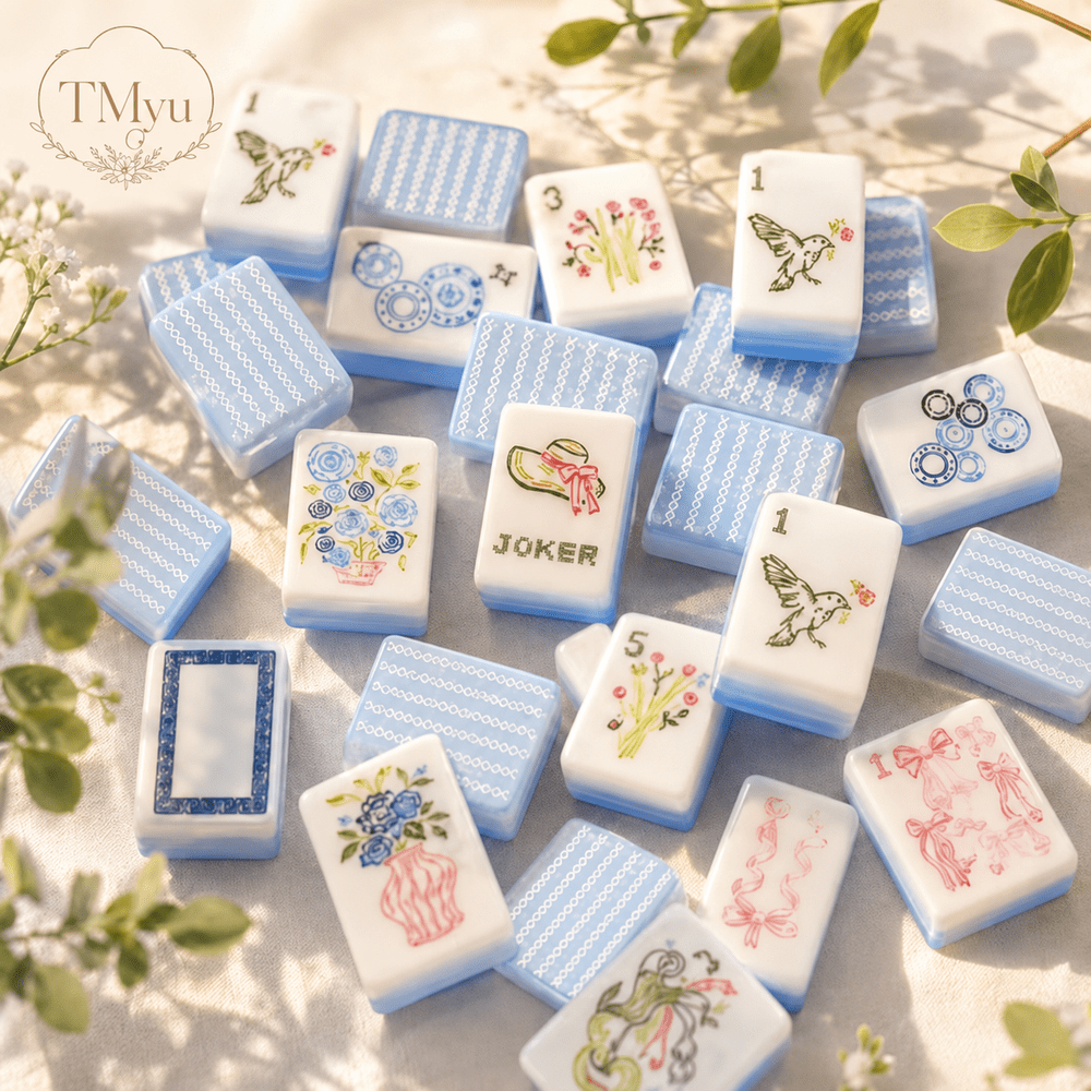 American Mahjong Game Set Blue and White Floral Design for Home and Travel Games 160 Piece Three Layer Acrylic Set with Bag