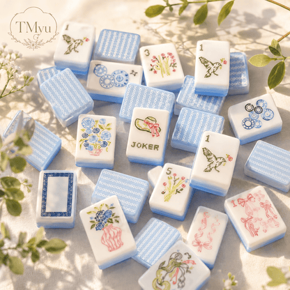 American Mahjong Game Set Blue and White Floral Design for Home and Travel Games 160 Piece Three Layer Acrylic Set with Bag