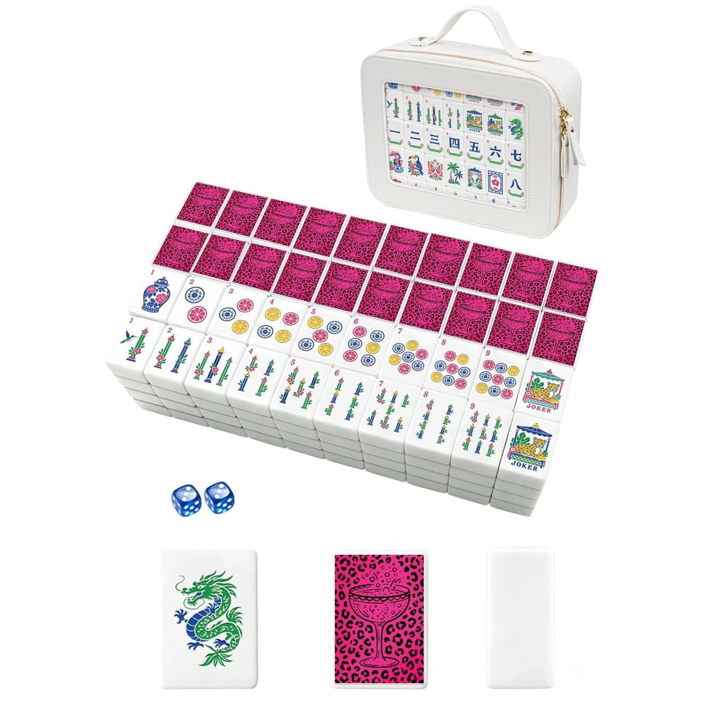American Mahjong Game Set Pink Leopard and Champagne Design for Club and Family Games 160 Piece Engraved Acrylic Set with Storage Bag and Dice
