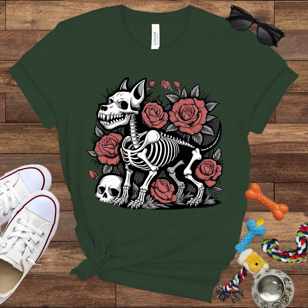 Skeleton Dog With Roses & Skull - Bella Canvas TShirt - Unique Gifts for Dog Lovers