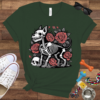 Skeleton Dog With Roses & Skull - Bella Canvas TShirt - Unique Gifts for Dog Lovers