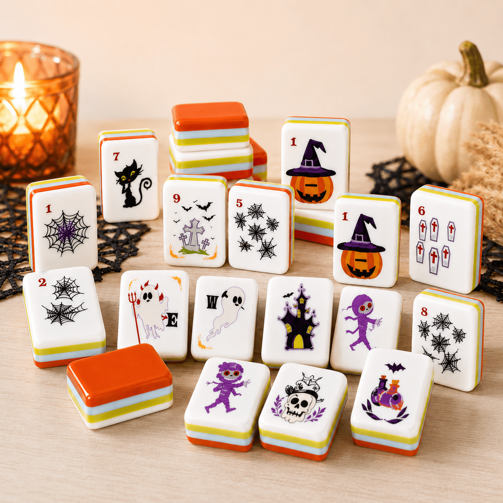 American Mahjong Tile Set Spooky Halloween Design for Family and Party Games 160 Piece Four Layer Acrylic Set