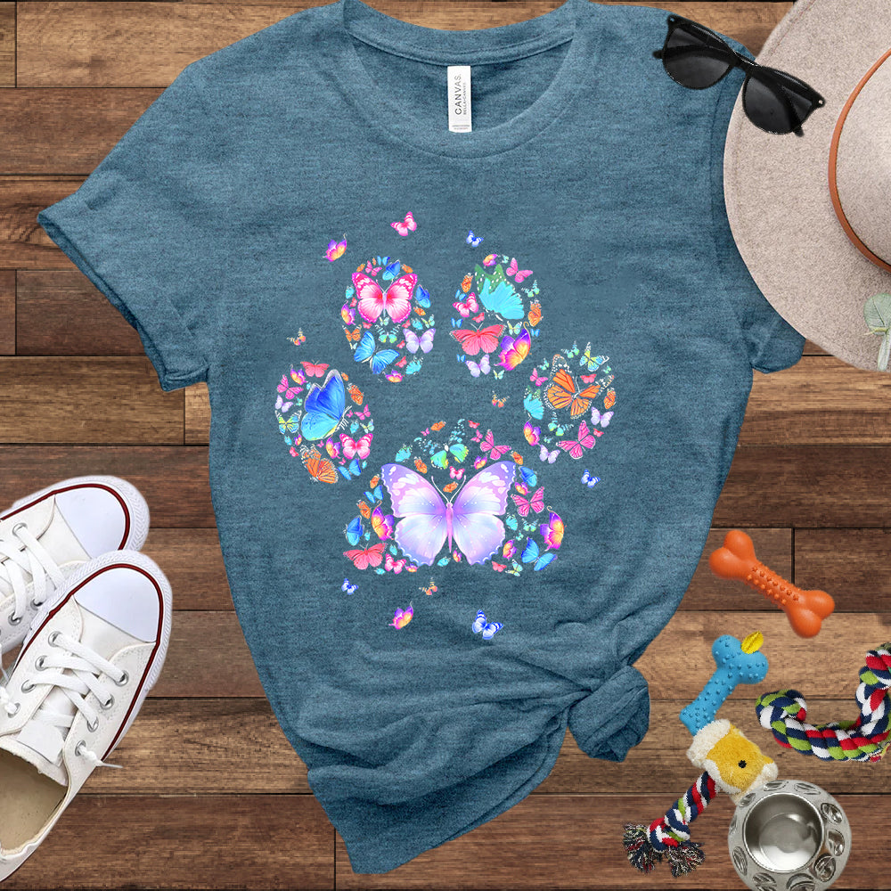 Dog Lover T-Shirt - Floral Butterfly Paw Print  - Bella Canvas T-Shirt - Presents For Dog Mom