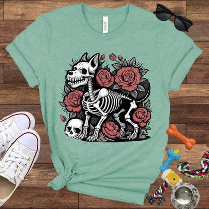 Skeleton Dog With Roses & Skull - Bella Canvas TShirt - Unique Gifts for Dog Lovers