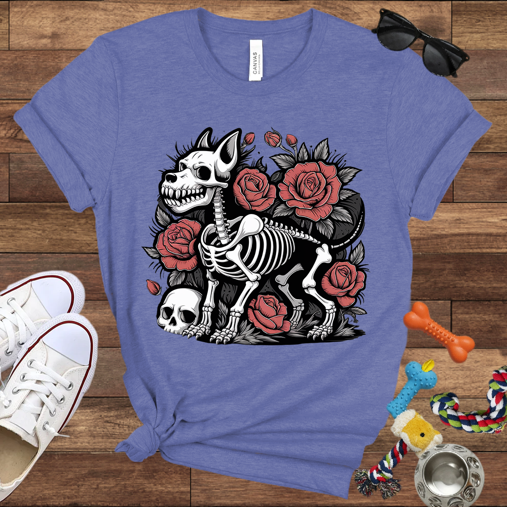 Skeleton Dog With Roses & Skull - Bella Canvas TShirt - Unique Gifts for Dog Lovers