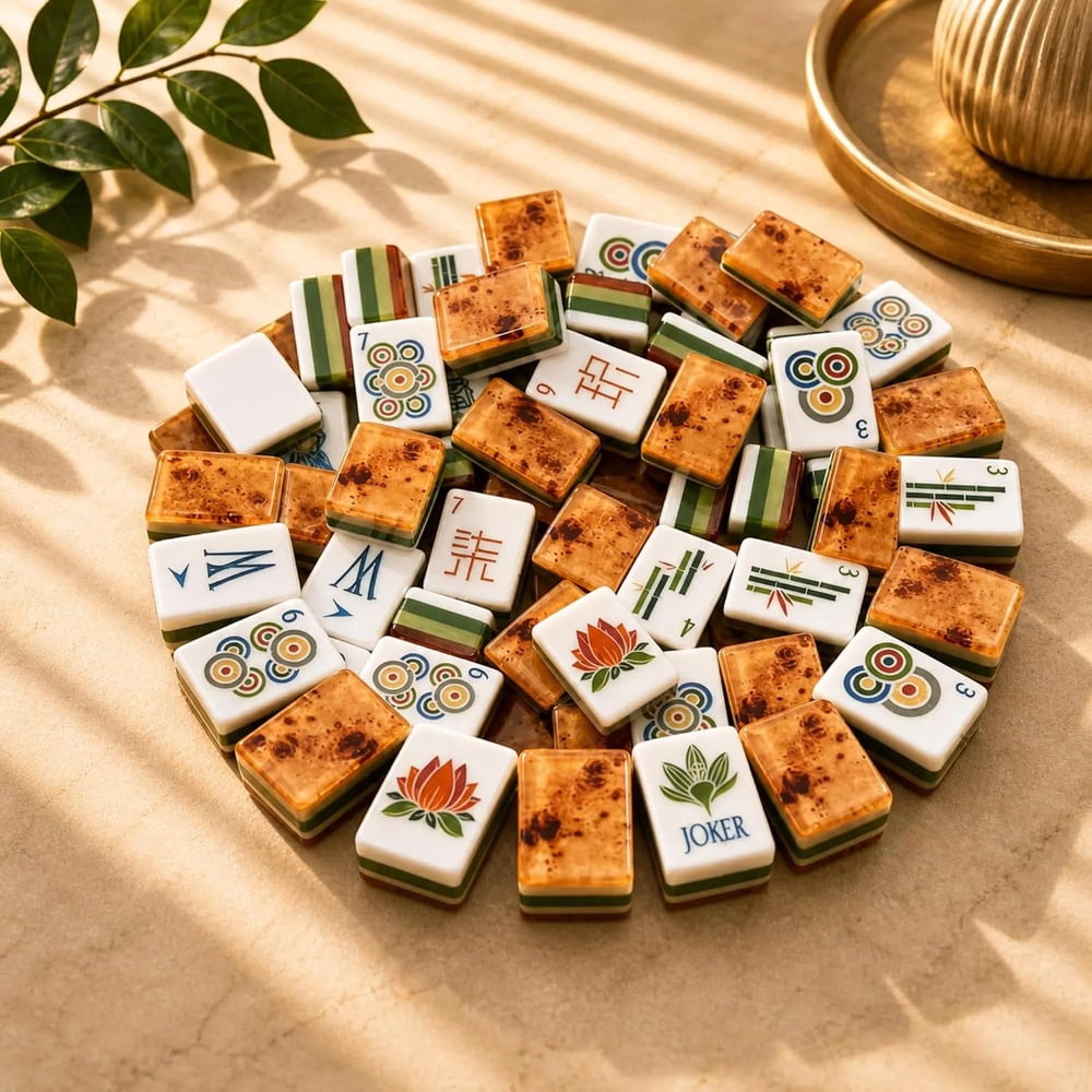American Mahjong Game Set Tree Grain Design for Family Game Nights 160 Piece Layered Acrylic Set with Racks Pushers and Storage Bag