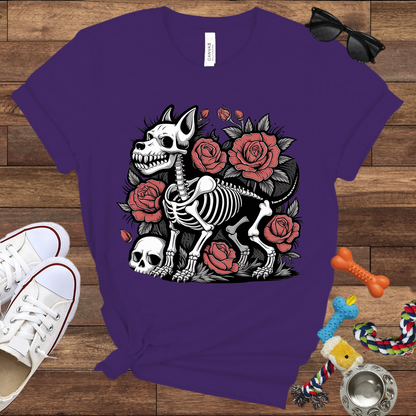 Skeleton Dog With Roses & Skull - Bella Canvas TShirt - Unique Gifts for Dog Lovers