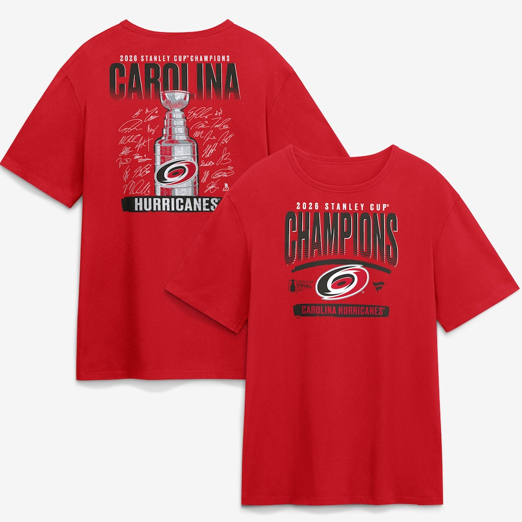 Unisex Carolina Hurricanes Red 2026 Stanley Cup Champions Signature Roster Graphic Shirt for Hockey Fans
