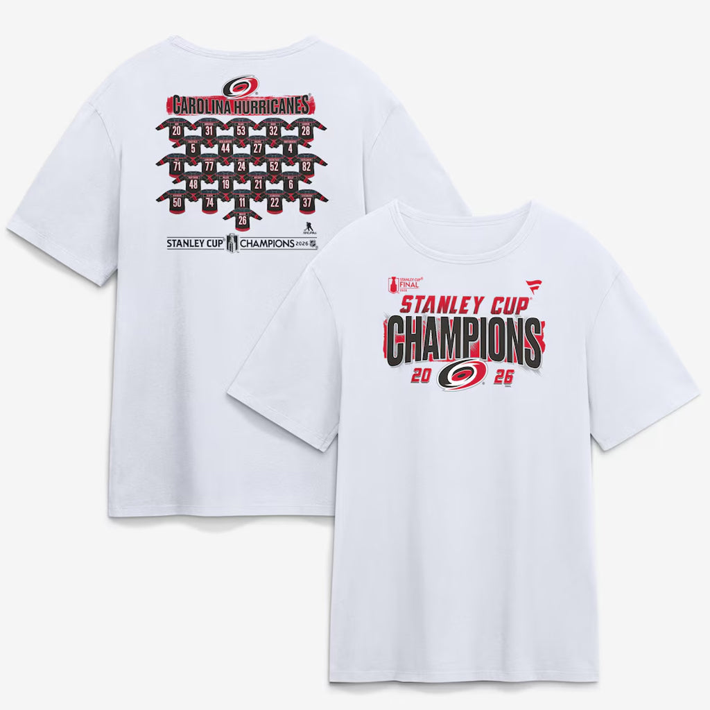 Unisex Carolina Hurricanes White 2026 Stanley Cup Champions Roster Jersey Graphic T-Shirt for Hockey Fans