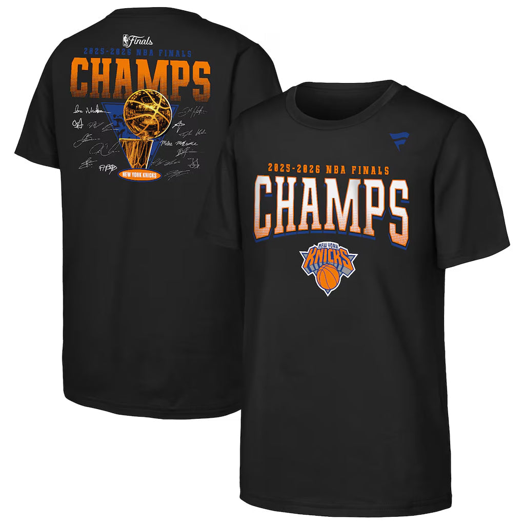 Unisex New York Knicks 2026 Finals Champions Trophy Signature Roster Graphic Shirt for Basketball Fans