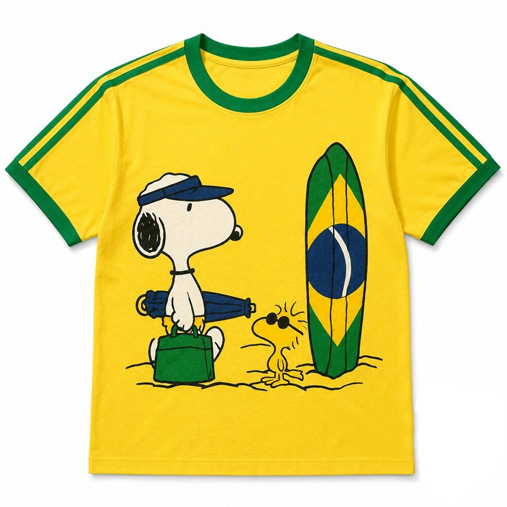 Unisex Snoopy Peanuts Brazil Surfing Yellow World Cup 2026 Graphic Shirt for Soccer Fans